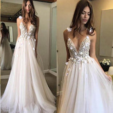 Load image into Gallery viewer, Sexy Spaghetti Straps V Neck A Line Tulle Ivory Backless Prom Dresses Wedding Dresses RS28