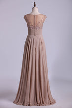 Load image into Gallery viewer, 2024 Bateau A-Line Prom Dresses Chiffon With Beads And Applique Floor Length