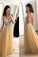 2024 Champagne Tulle Beading A-Line V-Neck Prom Dresses WIth Sweep Train