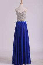 Load image into Gallery viewer, 2024 V Neck Beaded Bodice A Line Prom Dresses Chiffon With Slit Sweep Train
