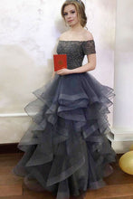 Load image into Gallery viewer, Modest Off The Shoulder Long Elegant Gray Beading Ball Gown Prom Dresses