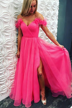 Load image into Gallery viewer, A Line Off the Shoulder Hot Pink Tulle Prom Dresses with Split, Long Formal Dresses SRS15493