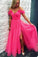 A Line Off the Shoulder Hot Pink Tulle Prom Dresses with Split, Long Formal Dresses SRS15493