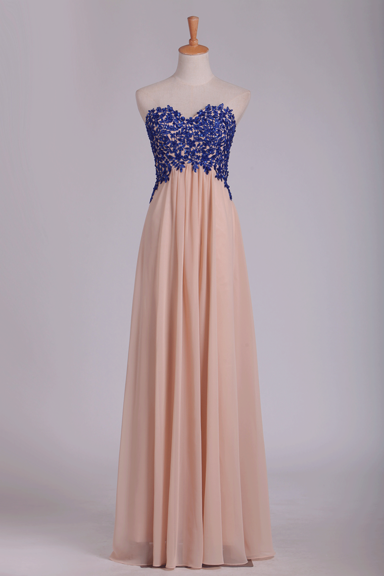 2024 A Line Sweetheart Open Back Prom Dresses Chiffon With Applique Floor Length