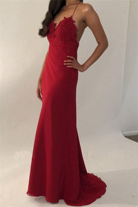 Sexy Red Spaghetti Straps V Neck Mermaid Prom Dresses, Long Evening Dress SRS15597