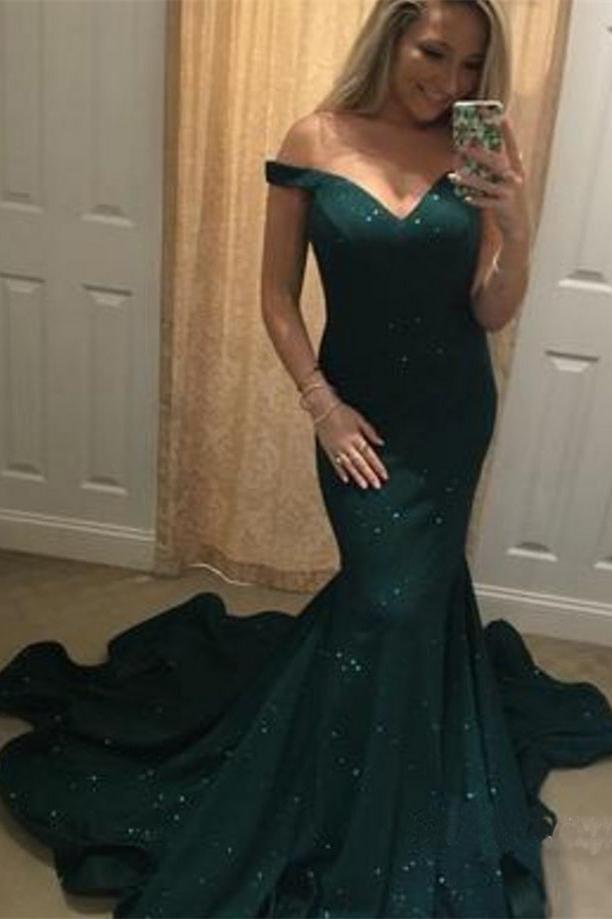 2023 Charming Off-the-Shoulder Green Mermaid Sweetheart Beads Prom SRS10073