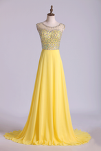Load image into Gallery viewer, 2024 Blusher Prom Dress Scoop Beaded Tulle Bodice Backless Chiffon With Sweep Train