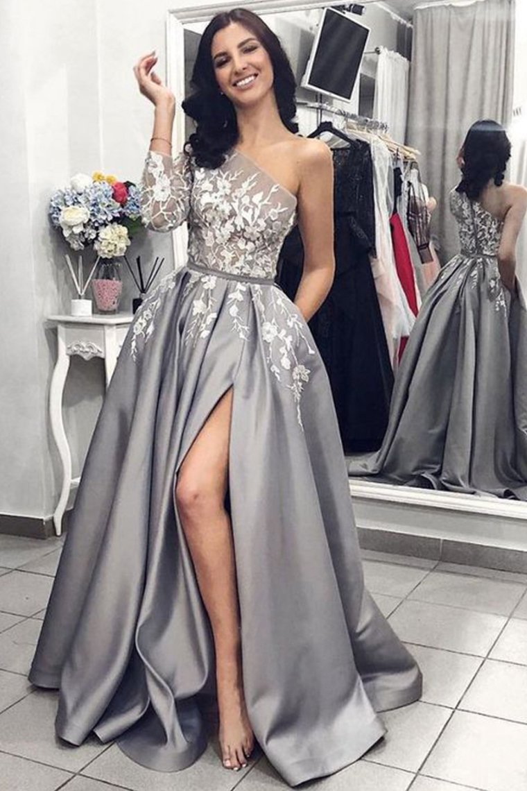 2024 Ball Gown One Shoulder Long Sleeves Grey Satin Split White Lace Long Prom Dresses With Pockets Prom Dresses