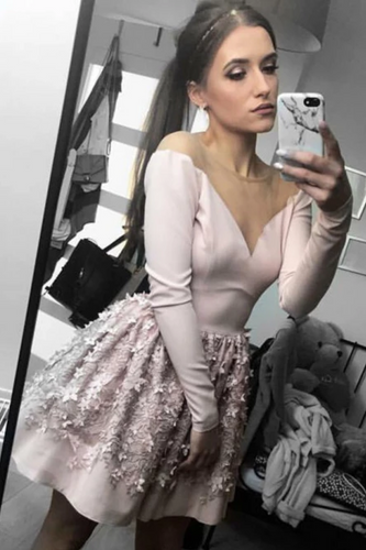 A-Line Nude Long Sleeve Short Homecoming Party Dress With Flowers