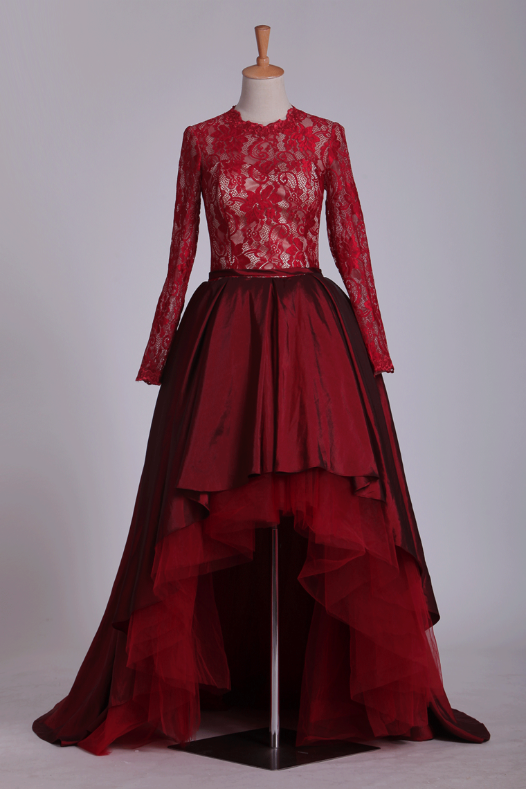 2024 Burgundy Asymmetrical Prom Dresses Long Sleeves Taffeta & Tulle Hot