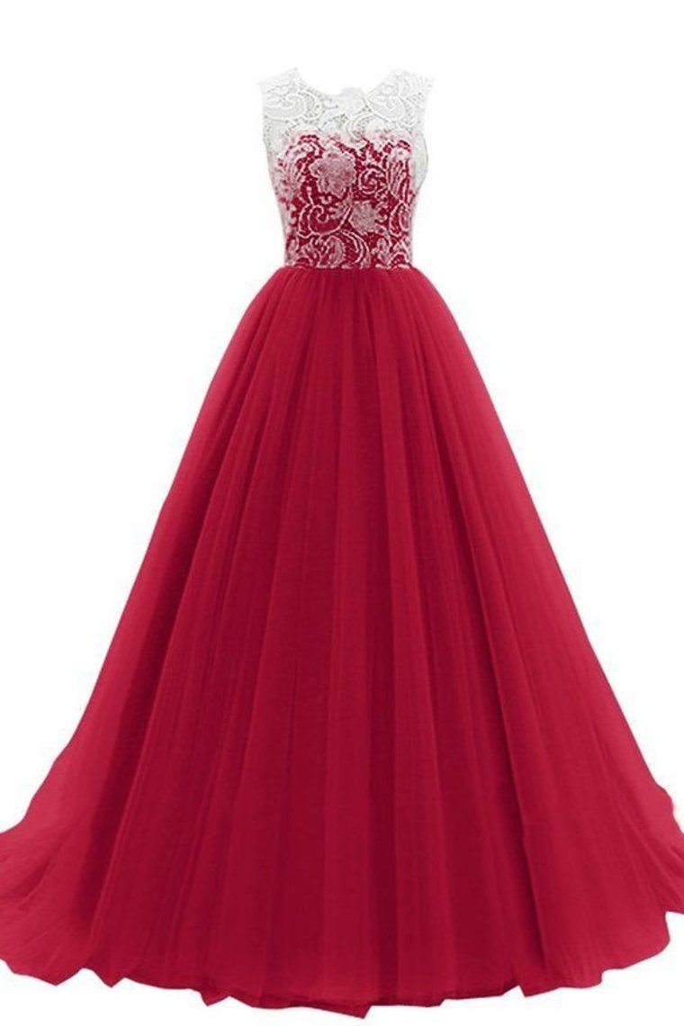 2024 Scoop A Line Prom Dresses Tulle & Lace Floor Length