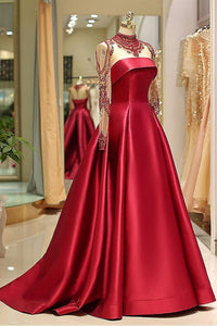 2023 Long Sleeve Prom Dresses High Neck Burgundy Long Prom Dress Satin Evening Dress