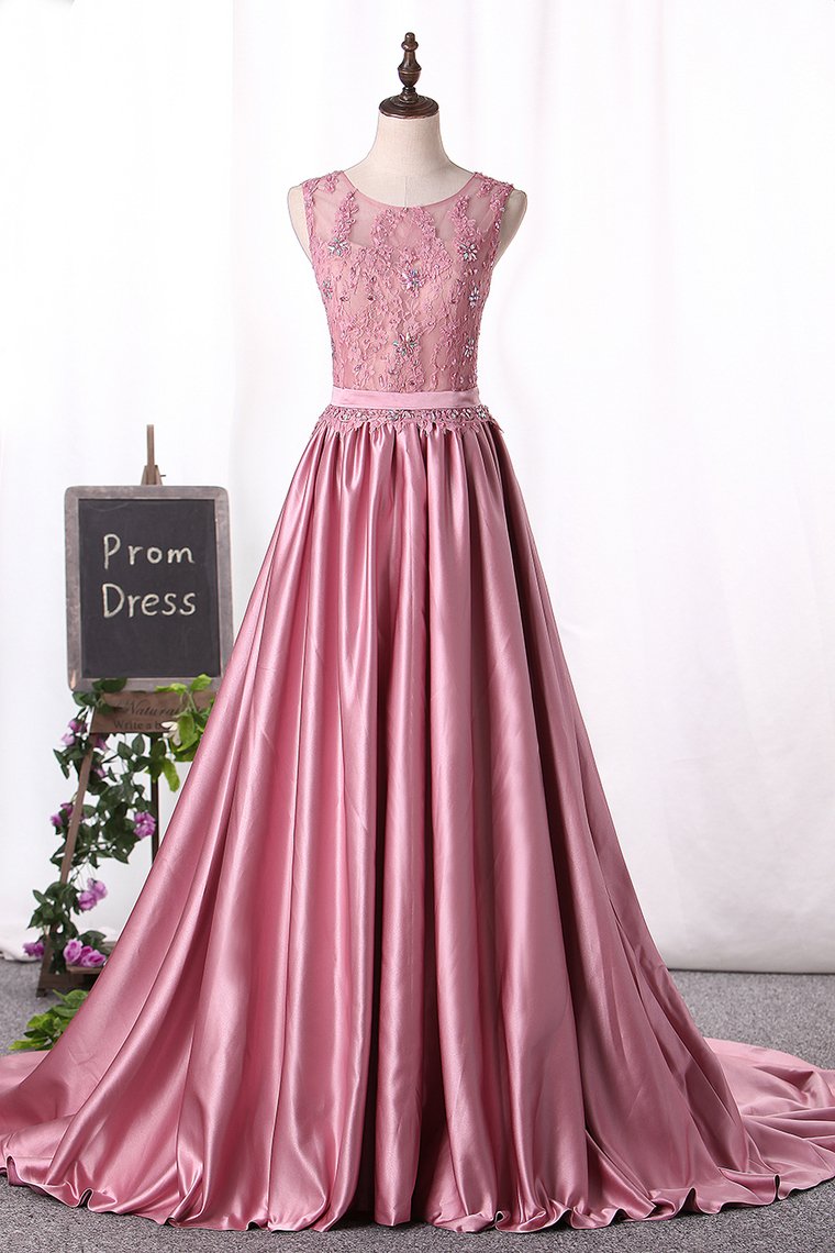 2023 Scoop A Line Satin Evening Dresses With Applique And Beads Sash/Ribbon