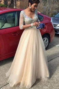 A Line Princess V Neck Long Sleeves Beads Tulle Long Prom Dresses RS142