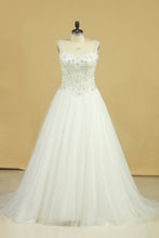 Load image into Gallery viewer, 2024 Plus Size A Line Straps Wedding Dresses Tulle With Beading Chapel Train