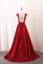 Load image into Gallery viewer, 2024 Satin Straps Prom Dresses A Line With Applique And Beads Open Back