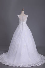 Load image into Gallery viewer, 2024 A Line Cap Sleeve Scoop Tulle Wedding Dresses With Applique And Sash