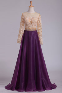 2024 Long Sleeves Prom Dresses Scoop A Line With Applique And Beads Floor Length
