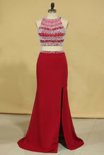 Load image into Gallery viewer, 2024 Red Two Pieces Column Scoop Prom Dresses Burgundy Chiffon &amp; Tulle With Beads And Pearls