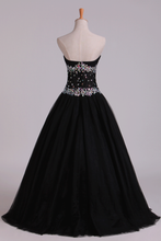 Load image into Gallery viewer, 2024 Prom Dresses Ball Gown Black Sweetheart Tulle With Rhinestone Floor Length