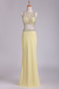 2024 Sexy Open Back Scoop A Line Floor Length Prom Dresses Spandex With Beading