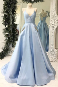 Simple V Neck Sky Blue Satin Long Prom Dresses with Pockets Beading, Formal Dresses SRS15404
