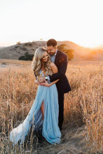 Load image into Gallery viewer, Thigh Split Sky Blue Rustic Beach Wedding Gown With Court Train Evening Prom Dresses