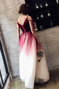 A Line Spaghetti Straps Ombre Long Tulle Prom Dresses, Burgundy V Neck Evening Dress SRS15029