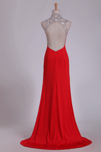 Load image into Gallery viewer, 2024 Red High Neck Prom Dresses Sheath/Colum With Beading Sweep Train