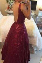 Load image into Gallery viewer, Sexy V-neck Burgundy Backless Floor-Length Lace Prom Dress with Beading RS935