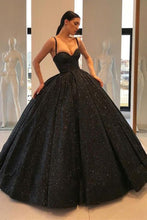 Load image into Gallery viewer, Spaghetti Straps Black Sweetheart Quinceanera Dresses, Ball Gown Sequins Prom Dresses SRS15410