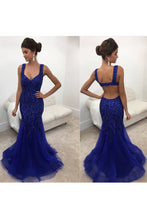 Load image into Gallery viewer, 2024 Sexy Open Back Straps Beaded Bodice Prom Dresses Mermaid Tulle