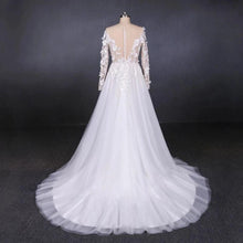 Load image into Gallery viewer, Long Sleeves White A-line Tulle Beach Wedding Dresses with Lace Appliques, Bridal Dress SRS15255