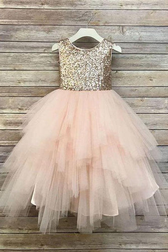 Princess A Line Gold Sequin Round Neck Blush Pink Cute Tulle Baby Flower Girl Dress RS828
