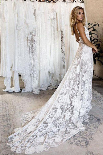 Summer Lace Backless Simple V Neck Ivory Spaghetti Straps Beach Wedding Dresses RS826