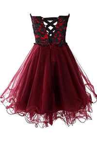Lovely Cute Appliques Burgundy Sweetheart Organza Lace up Short Homecoming Dress RS689