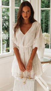A Line Long Sleeve White Simple Lace Short Sexy Criss Cross Above Knee Homecoming Dress RS783