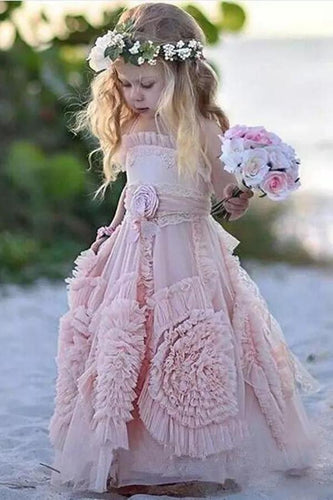 2019 Princess A Line Lovely Long Hand-Made Flower Chiffon Flower Girl Dresses RS672