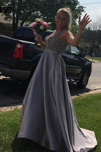 Load image into Gallery viewer, Modest Long A-Line Beading Satin Open Back Prom Dresses Prom Gowns