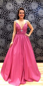 Sugar Pink V-Neck Spaghetti Straps Open Back Sleeveless Prom Dress Satin Prom Dresses RS794