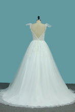Load image into Gallery viewer, 2023 A Line Spaghetti Straps Wedding Dresses Tulle &amp; Lace With Applique Court Train