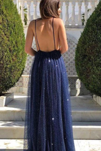 Load image into Gallery viewer, Sexy A Line Spaghetti Straps Deep V Neck Sequins Backless Long Prom SRSPKP1S9T2