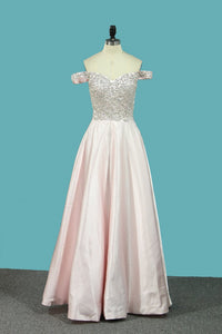 2024 Off The Shoulder Prom Dresses Satin A Line With Beading Floor Length