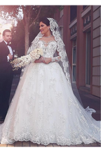 Load image into Gallery viewer, A Line Round Neck Tulle Wedding Dresses With Appliques Wedding SRSPYP3F2BA