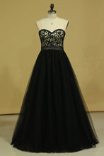 Load image into Gallery viewer, 2024 Plus Size Black A Line Prom Dresses Sweetheart Tulle With Applique &amp; Beads Floor Length