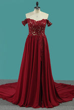 Load image into Gallery viewer, 2023 Red Slit Off The Shoulder Prom Dresses A Line Chiffon With Applique And Beads