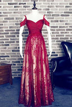Load image into Gallery viewer, Red A-Line Sweetheart Burgundy Lace Long Off Shoulder Open Back Prom Dresses RS518