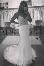 Load image into Gallery viewer, Spaghetti Strap V-Neck Vintage Lace Mermaid Backless Appliques Jersey Beach Wedding Dress RS882