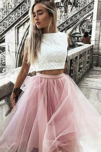 A-Line Tulle Bateau Lace Ivory Cap Sleeve Knee-Length Pink Two Piece Prom Dresses RS746