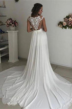 Load image into Gallery viewer, Formal Long Ivory Lace Chiffon Side Slit Cap Sleeve Cheap Beach Wedding Dresses RS107